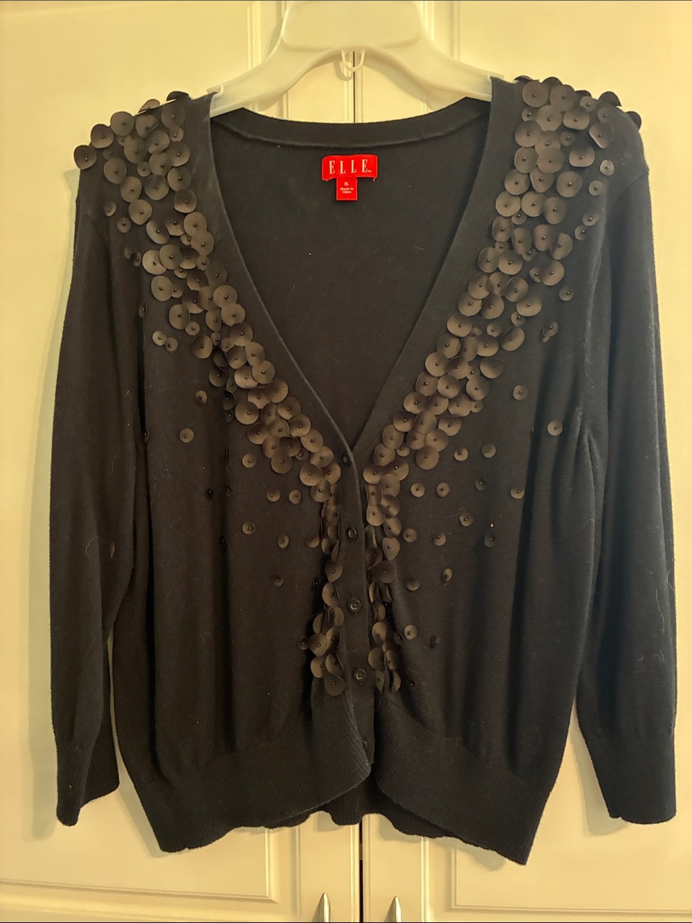Elle Black Sequin-Trim V-Neck Cardigan Sweater xl